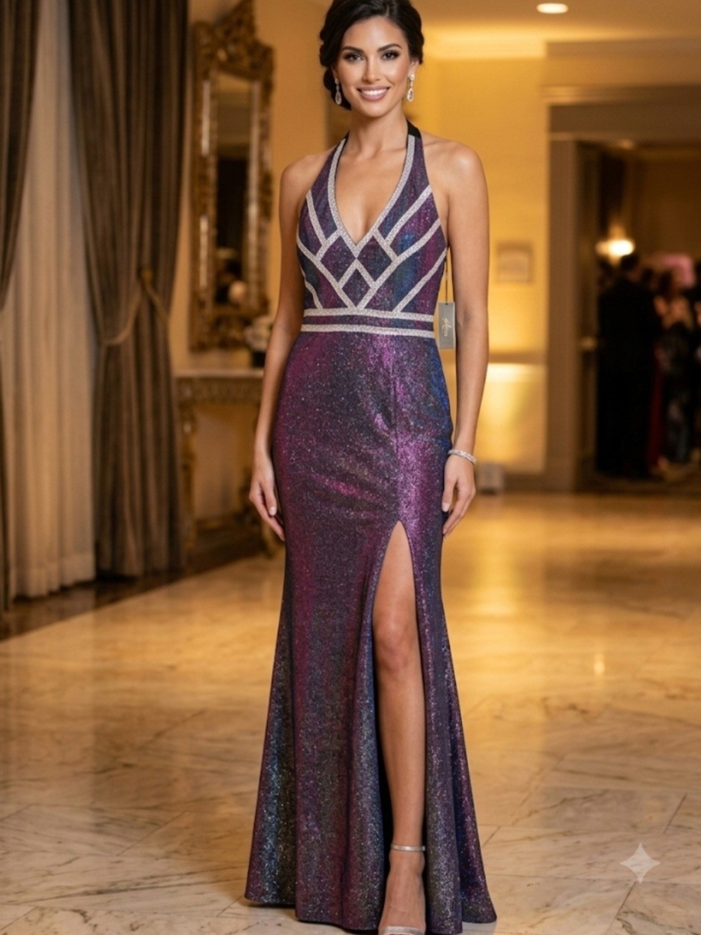 Purple Iridescent Metallic Halter High Slit Formal Gown Dress